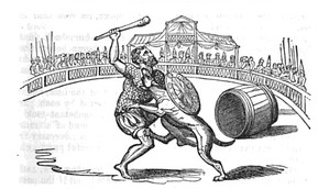 Historical illustration of the judicial combat between Chevalier Maquer and the greyhound