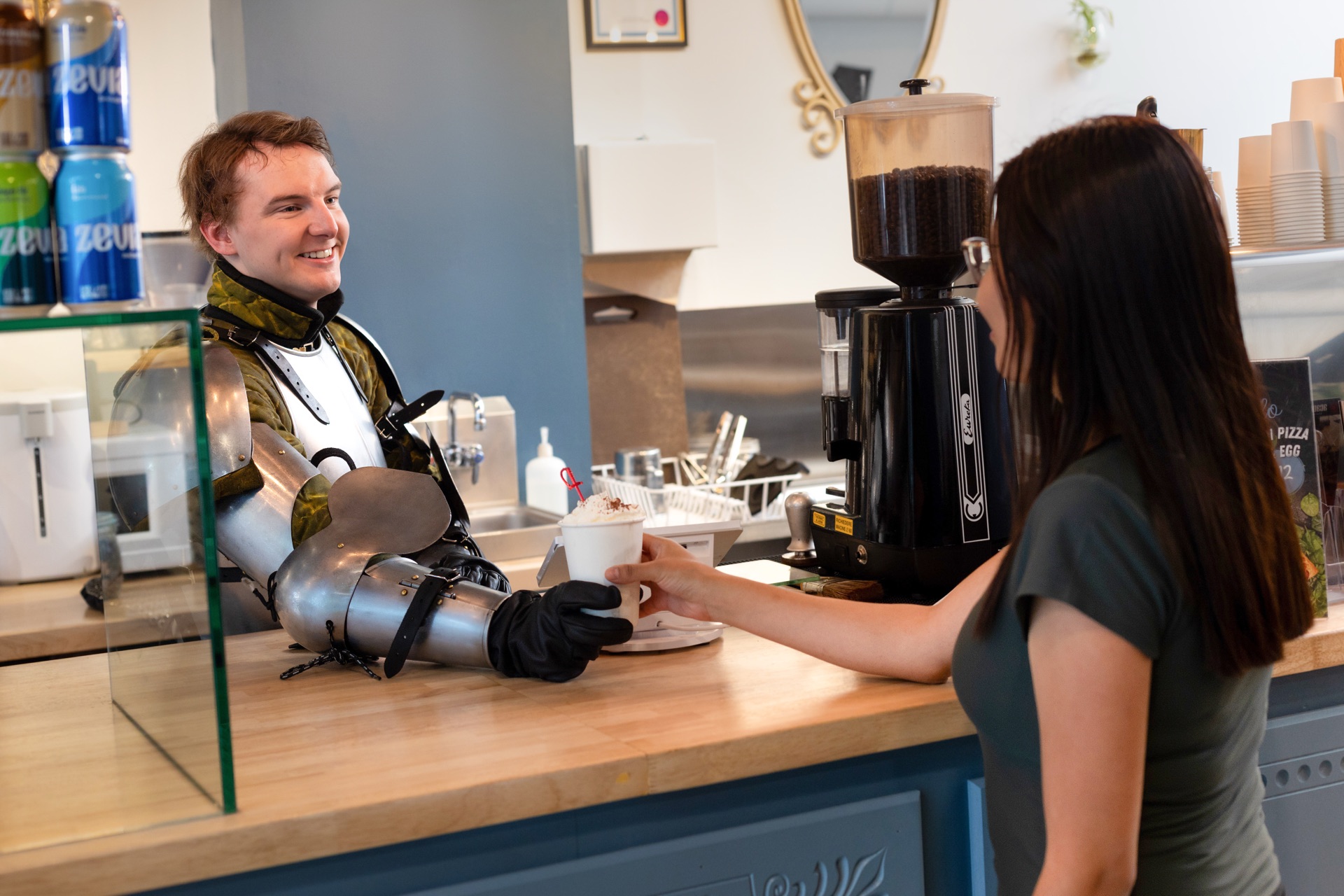 Cafe Duello interior with warm lighting and seating