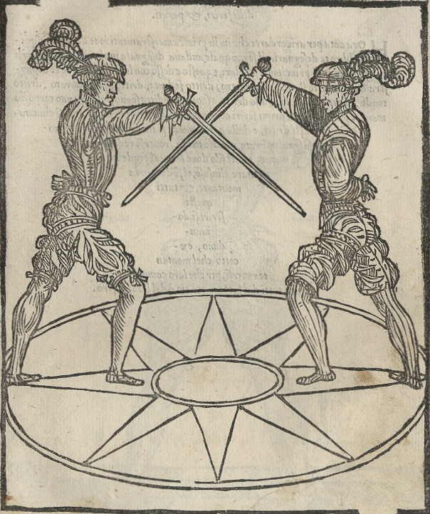 Illustration from Achille Marozzo's Opera Nova (1536) showing sidesword and buckler